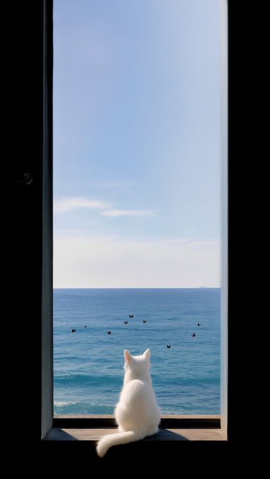 A white cat sits on a windowsill looking out at the ocean, with several birds flying over the water under a clear blue sky.