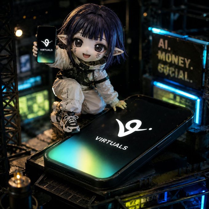 A digital artwork features a small, purple-haired anime-style character holding up a phone displaying the 'VIRTUALS' logo, with the same logo appearing on a larger screen beside them in a cyberpunk setting.