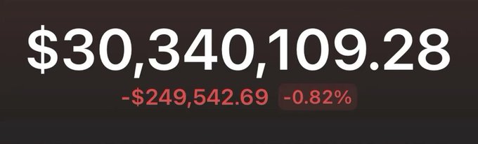 A dark-themed financial display shows a portfolio value of **$30,340,109.28** with a daily loss of **-$249,542.69 (-0.82%)**. The image visually represents the post's aspiration of achieving a massive wallet balance in 2027, despite the shown downturn, illustrating the "bro to bro" motivational goal of reaching multimillion-dollar status.
