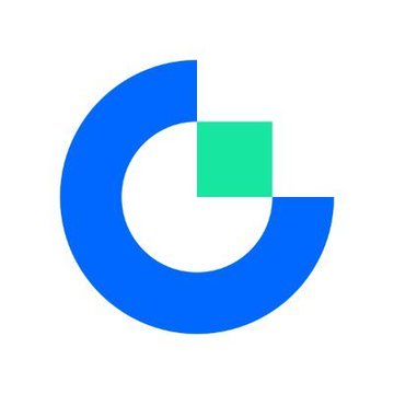 A simple logo featuring a blue circular shape resembling the letter 'C' with a small green square overlapping it on the upper right side.