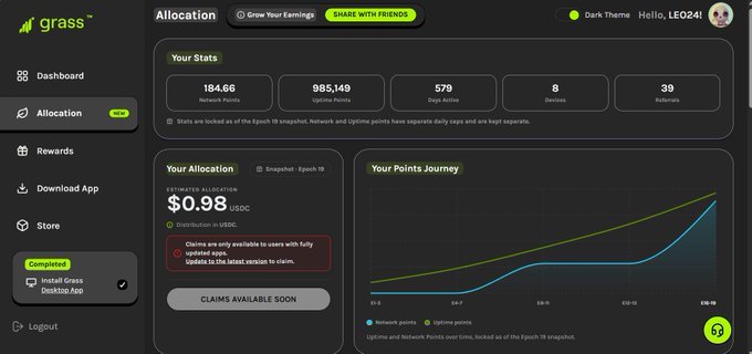 A screenshot of the Grass app dashboard showing an estimated allocation of $0.98 USDC with 579 days active and 985,149 lifetime points, though the post claims $98,000 in USDC. The image displays network points (194.66), devices (8), and referrals (39) stats, alongside a points journey graph tracking network and uptime points from 01-15 to 06-16, though the claim feature is currently unavailable to users with fully updated taps.