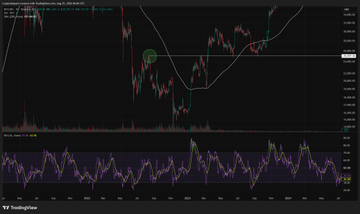 A TradingView stock chart displays a descending trend line, a highlighted resistance zone, and a lower oscillating indicator panel on a dark background.