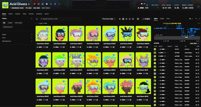 A screenshot of the OpenSea NFT marketplace showing a collection called "Acid Divers" with various pixel art character NFTs displayed on a yellow background, with trading stats and price chart visible.