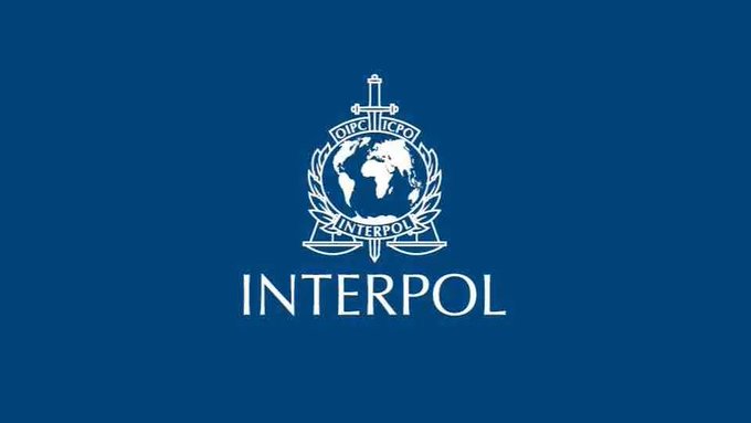 The image shows the INTERPOL logo in white on a solid blue background, featuring the organization's emblem with a globe, sword, and laurel wreath above the bold "INTERPOL" wordmark. This ties directly to the post's reference to a "global crackdown," symbolizing international law enforcement action targeting the $122.5 million wallet and cross-chain swap scheme described.