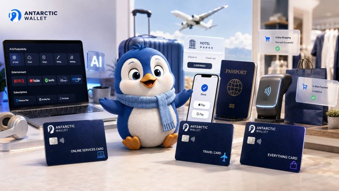 An advertisement for "Antarctic Wallet" featuring a cartoon penguin with a blue scarf, showcasing various digital wallet cards (Online Services, Travel, Everything) alongside icons for entertainment, AI, hotels, and shopping.