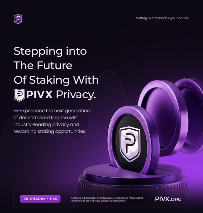 A promotional graphic for PIVX Privacy, advertising staking with text like 'Stepping into The Future Of Staking With PIVX Privacy' and 'ZK-SNARKS x PoS' on a purple background.