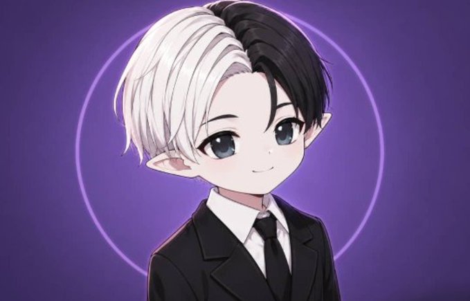 An anime-style avatar of a character with half-white, half-black hair, pointed ears, and a black suit, set against a purple background with a glowing ring.
