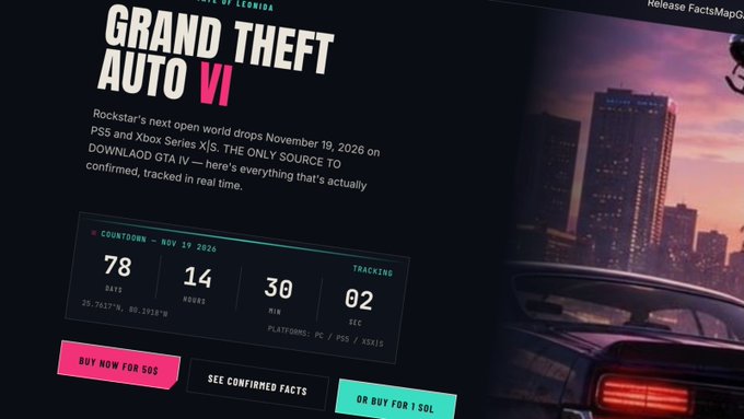 A promotional webpage for 'GRAND THEFT AUTO VI' announcing its November 19, 2026 release for PS5 and Xbox Series X|S, featuring a countdown timer showing 78 days, 14 hours, and tracking details.
