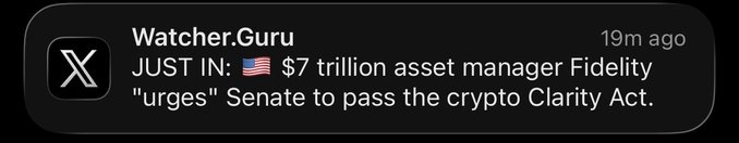 A post from Watcher.Guru on X reports that Fidelity, a $7 trillion asset manager, is urging the U.S. Senate to pass the crypto Clarity Act, aligning with the caption's brief call to "Do it." The screenshot highlights Fidelity's push for regulatory clarity in the crypto industry.