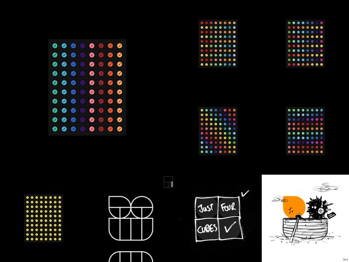 A design workspace showing colorful dot grid pattern samples, a hand-drawn sketch of two characters in a boat, a 'JUST FOUR CUBES' grid concept, and a yellow dotted square.