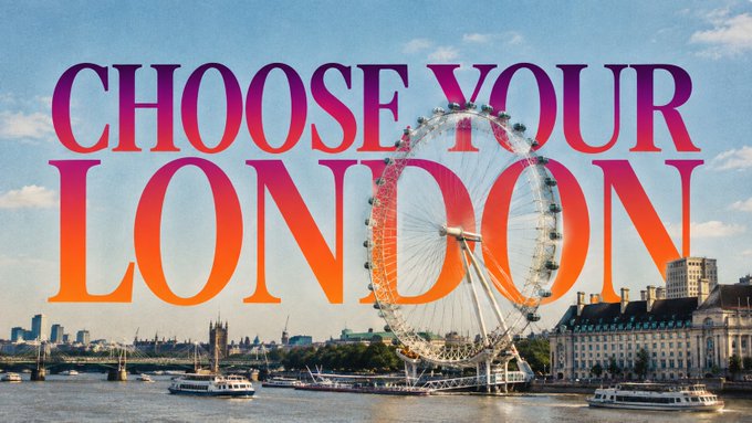 A vibrant travel graphic showing the London Eye and Thames river, overlaid with the large gradient text 'CHOOSE YOUR LONDON'.