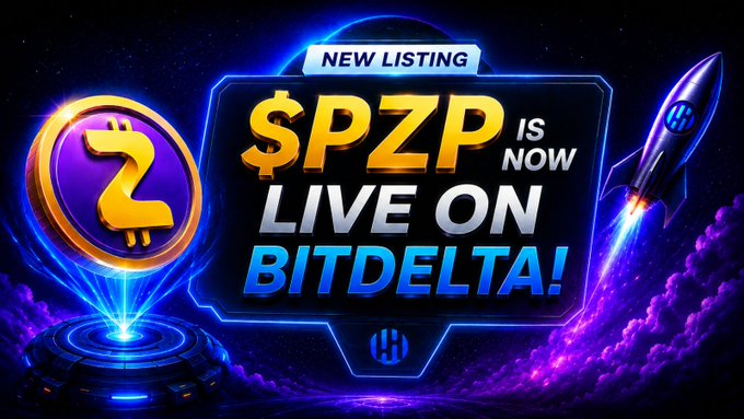 A digital promotional graphic for a cryptocurrency, reading 'NEW LISTING $PZP IS NOW LIVE ON BITDELTA!', featuring a Z coin and a rocket ship.