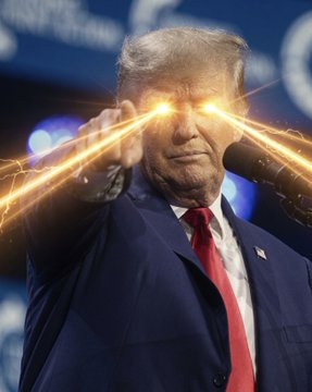 Donald Trump points forward with laser-beam eyes glowing from his glasses at a podium with a presidential seal, humorously captioned to suggest crypto and Wall Street leaders like Coinbase, Ripple, Polymarket, and Gemini are facing his regulatory "death stare" as they head to the White House with SEC Chair Atkins and CFTC Acting Chair Selig ahead of the CFTC's new Innovation Advisory Committee meeting.