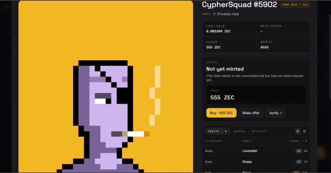 A CypherSquad #5902 NFT listing on a marketplace showing a pixel art purple-skinned pirate character with an eyepatch and cigarette, priced at 555 ZEC with a 'Not yet minted' status.
