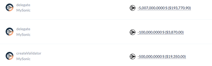 A list of blockchain transactions from 'MySonic' showing 'delegate' of 5,007,000,000 S ($193,770.90), 'delegate' of 100,000,000 S ($3,870.00), and 'createValidator' of 500,000,000 S ($19,350.00).