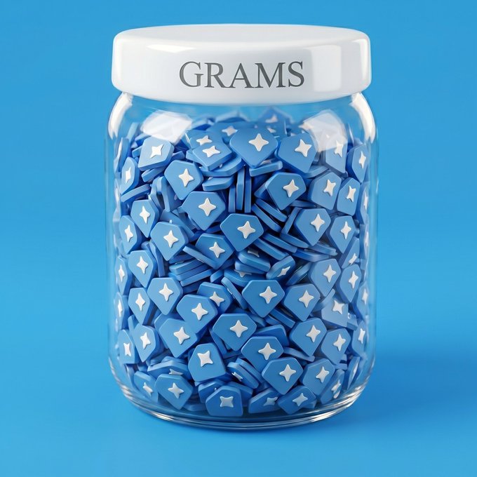 The image features a glass jar filled with blue and white stars, which are small plastic toys or candies. The jar has a white lid that says "GRAM" on it. The jar appears to be full of these star-shaped items, possibly intended for children's enjoyment or as a decorative element in a room.