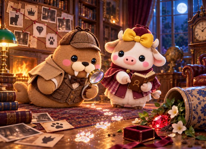 A whimsical scene of plush toys in a cozy detective study: a walrus detective in a deerstalker hat holding a magnifying glass and a cow plushie in a detective coat reading a book, surrounded by scattered clues including paw prints and a red gem.