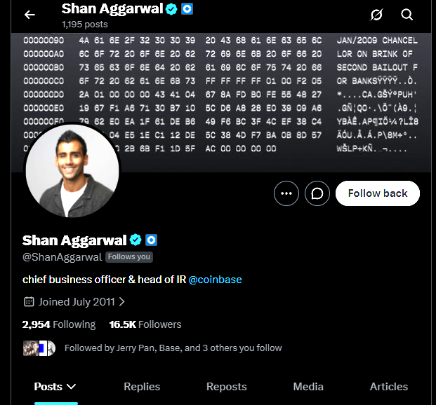 The image shows Shan Aggarwal's X profile (@ShanAggarwal), Chief Business Officer at Coinbase, with 16.5K followers. The background features hex code/data feed graphics, fitting the post announcing "CBO followed. $basecat" as he's an executive at Coinbase.
