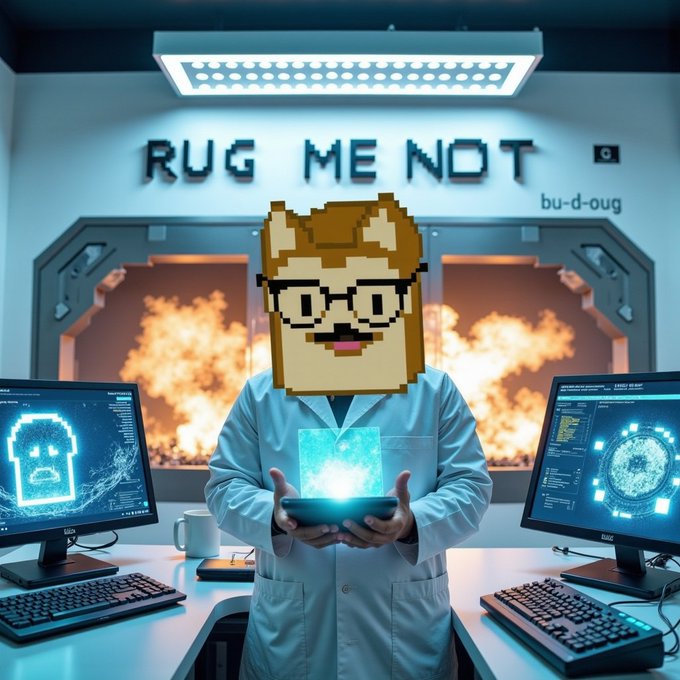 A pixelated character with glasses and mustache in a lab coat holds a glowing blue cube, with 'RUG ME NOT' text displayed on the wall behind amid flames and computer monitors.