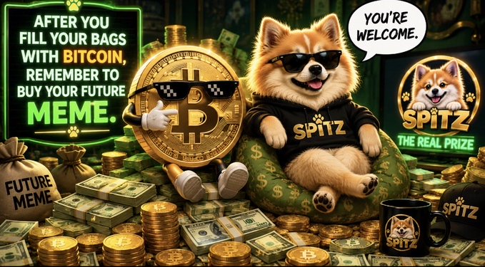 A cartoon corgi wearing sunglasses and a "SPITZ" hoodie lounges on a bag of money beside a Bitcoin character with pixelated sunglasses, with text reading "AFTER YOU FILL YOUR BAGS WITH BITCOIN, REMEMBER TO BUY YOUR FUTURE MEME," and "SPITZ THE REAL PRIZE" — promoting the $SPITZ memecoin alongside Bitcoin as referenced in the post.