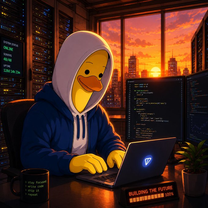 Anime-style illustration of a duck character in a blue hoodie coding on a laptop in a server room at sunset, with a 'BUILDING THE FUTURE 100%' progress bar.