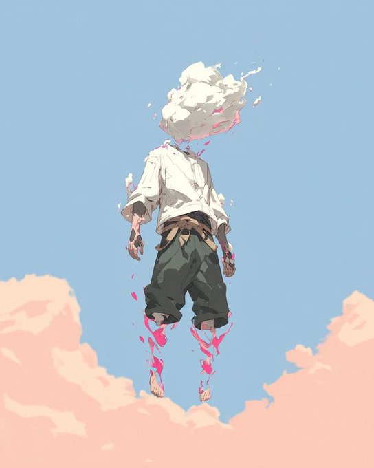 An anime-style illustration of a figure with a cloud-like white head obscuring their face, wearing a white shirt and dark pants, floating or falling above pink clouds against a blue sky, with pink petal-like fragments trailing from their body.