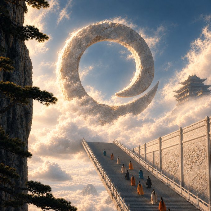 A fantastical digital artwork depicting figures in robes ascending a stone staircase through clouds toward a large floating stone crescent moon, with traditional Asian-style architecture visible in the background.
