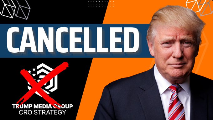 This image visually represents the cancellation of "TRUMP MEDIA GROUP CRO STRATEGY," with a prominent "CANCELLED" text overlay and a red "X" across the Trump Media Group logo.