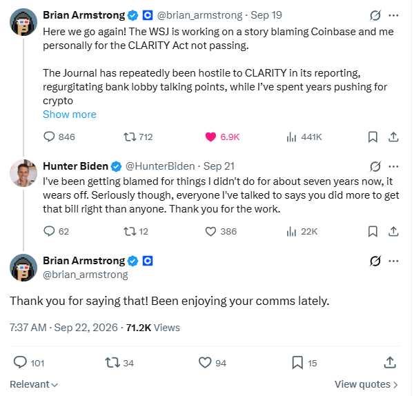 Brian Armstrong (Coinbase CEO, @brian_armstrong) tweets about the WSJ blaming him and Coinbase for the CLARITY Act not passing, Hunter Biden replies thanking him for pushing the bill, and Armstrong responds "Thank you for saying that! Been enjoying your comms lately."