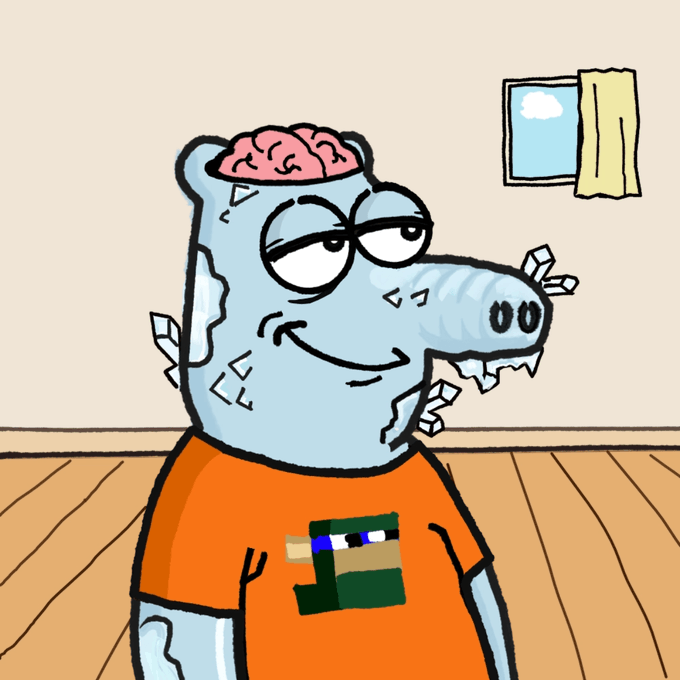 A cartoon illustration of a light blue crocodile character with an exposed pink brain, wearing an orange t-shirt with a pixelated character design, standing in a room with wooden floors.