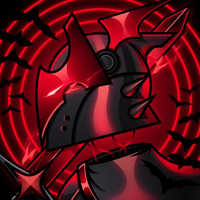 A dark, stylized illustration featuring a masked character with glowing red eyes and a blade, set against a red radial background with bat silhouettes.