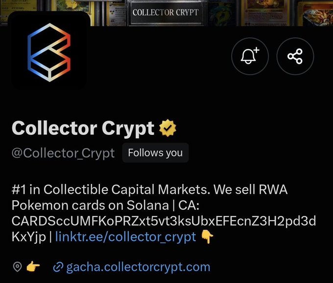 Twitter/X profile for 'Collector Crypt' (@Collector_Crypt) advertising RWA Pokemon cards on Solana with a linktree link.