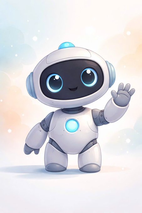 An illustration of a cute white and blue robot with large blue eyes waving hello, featuring a glowing cyan circle on its chest against a pastel watercolor background.