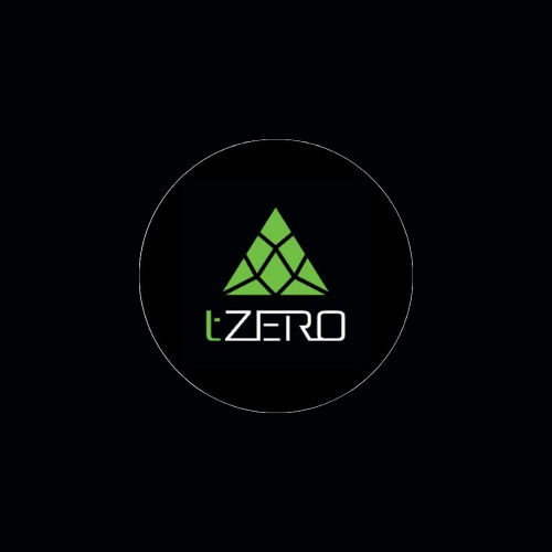 A minimalist logo on a dark background featuring a green geometric pyramid design with the text 'tZERO' inside a circular border.