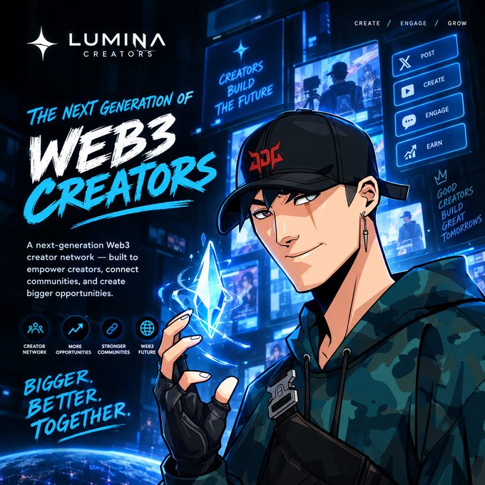 A promotional graphic for "Lumina Creators" featuring an anime-style illustration of a young man wearing a cap and a "DDC" pendant, holding a glowing crystal with text reading "The Next Generation of Web3 Creators."
