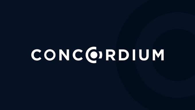 The Concordium logo is displayed in white on a dark navy background, featuring its distinctive target-like icon replacing the "O" in the wordmark. The branding visually anchors the accompanying message about Concordium's built-in identity verification approach, where the "bullseye" symbol reinforces the concept of precise, embedded identity validation at the blockchain's foundation.