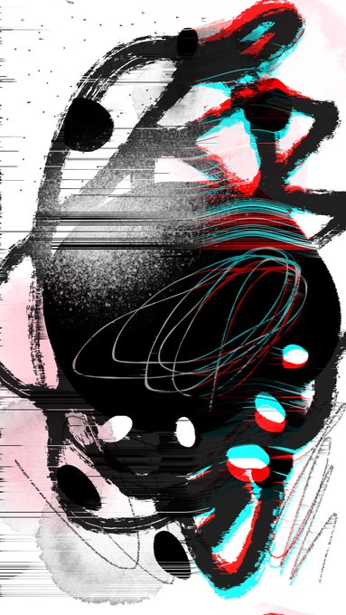 An abstract digital artwork composed of chaotic red, cyan, and black brushstrokes, loops, and dot patterns on a white background.