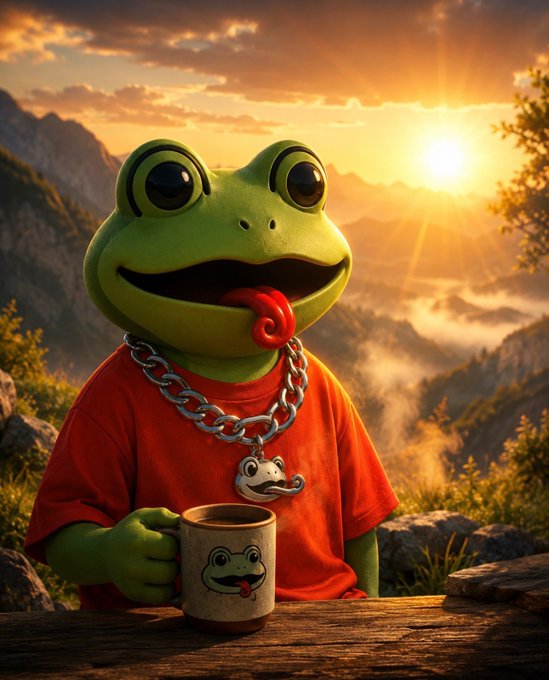 A stylized 3D illustration of a frog character wearing a red shirt and silver chain necklace, holding a mug at sunset in a mountainous landscape.
