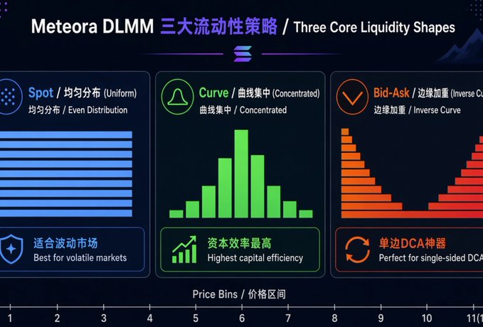 The image is an infographic titled "Meteora DLMM: Three Core Liquidity Shapes," illustrating three liquidity strategies with bar charts across price bins: Spot/Uniform (even distribution, best for volatile markets), Curve/Concentrated (bell-shaped, highest capital efficiency), and Bid-Ask/Inverse Curve (edges-weighted, perfect for single-sided DCA). This visually supports the post's point that choosing the right Meteora DLMM liquidity shape—Spot, Curve, or Bid-Ask—is crucial for optimizing trading outcomes.