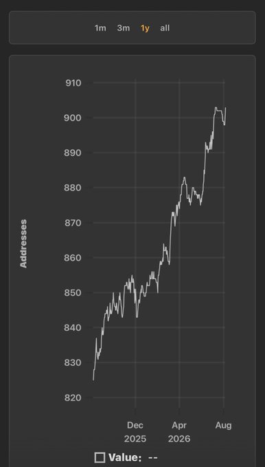 A dark-themed line chart shows Ergo wallet addresses with at least 10,000 ERG rising from roughly 825 to above 900 between late 2025 and August 2026. The y-axis is labeled “Addresses,” and the 1y timeframe is selected, reflecting the post’s claim that 2026 has been a strong year for long-term ERG holders.