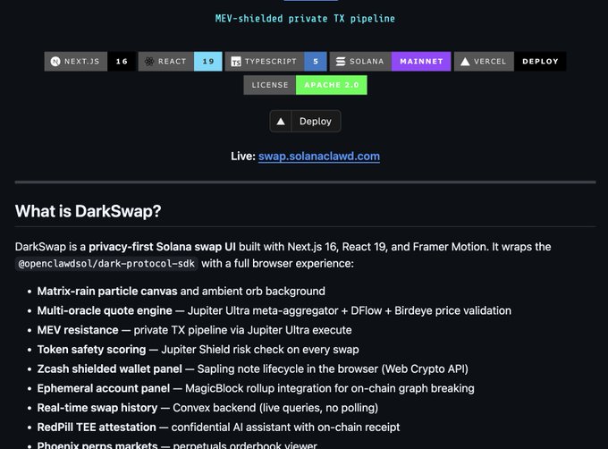 GitHub repository description for DarkSwap, a 'MEV-shielded private TX pipeline' built with Next.js 16, React 19, TypeScript 5 on Solana mainnet, featuring live demo at swap.solanaclawd.com.