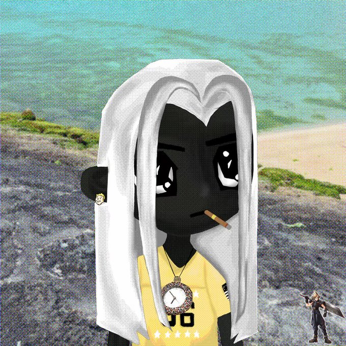 An anime-style character with white hair, a cigarette, and a clock necklace standing against a beach background, with a small Final Fantasy-style character in the bottom right corner.