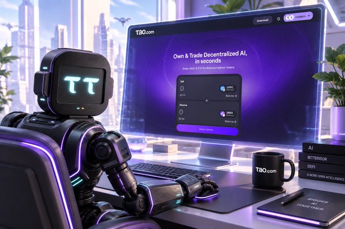 A futuristic robot with glowing 'π' eyes sits at a desk in front of a computer screen displaying 'tao.com' with the text 'Own & Trade Decentralized AI, in seconds' and cryptocurrency tokens.