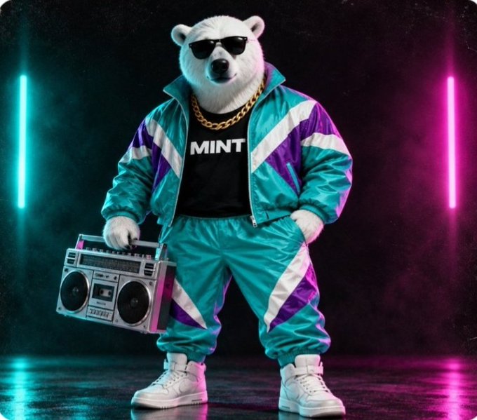 Stylized image of a polar bear wearing sunglasses, a gold chain, and a teal/purple tracksuit with 'MINT' on the shirt, holding a boombox against a dark background with cyan and magenta neon lights.