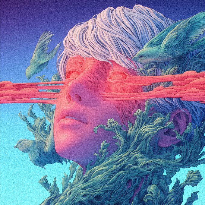Stylized digital artwork featuring a pink-toned face with closed eyes, surrounded by blue-green hair, birds, and intricate organic shapes.
