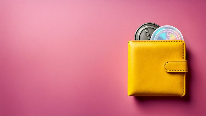 A bright yellow wallet sits against a vibrant pink background, holding what appears to be coins and a compact disc labeled "CD-R." The image symbolizes secure digital storage and crypto asset management, fitting the post's announcement about the Lace Midnight Preview web extension transitioning its development fully into the Lace wallet.