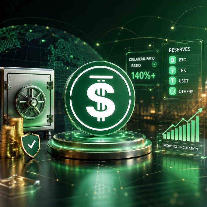 A glowing green USDD stablecoin emblem hovers above a metallic vault alongside gold coins and a security shield, with holographic panels displaying "COLLATERAL RATIO 140%+" and reserves in BTC, TRX, USDT, and OTHERS, alongside a "GROWING CIRCULATION" chart—visually reinforcing the post's emphasis on over-collateralization, transparency, and reserve-backed stability.