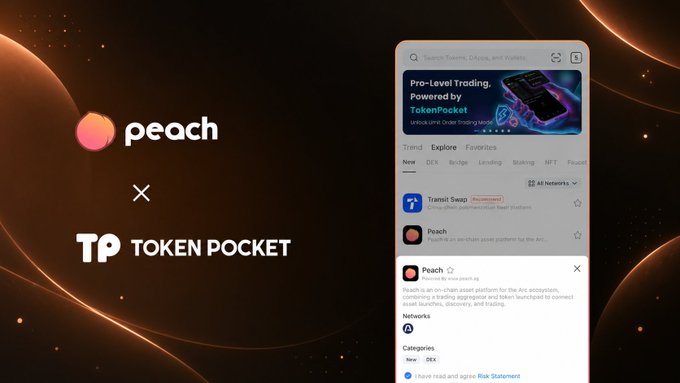 A promotional graphic featuring the logos of 'peach' and 'TP TOKEN POCKET' alongside a mobile app interface showing a 'Pro-Level Trading, Powered by TokenPocket' banner and a listing for 'Peach' (PT).