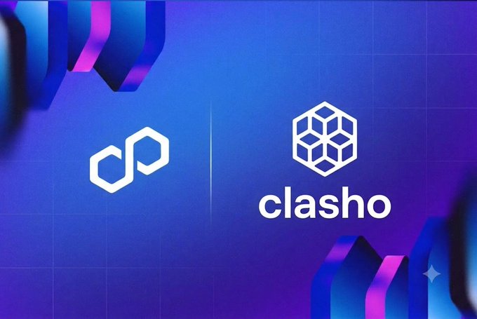 A promotional graphic featuring the 'clasho' logo with a geometric hexagon design on a purple and blue gradient background with abstract 3D shapes.
