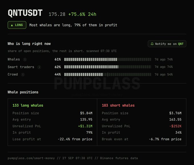 PumpGlass dashboard showing QNT/USDT trading data at 175.28 (+75.6% 24h), indicating most whales are long with 79% in profit. Whales are 61% long, smart traders 62% long, and crowd 44% long, with 133 long whales ($5.84M positions, +$1.31M profit) versus 103 short whales ($3.76M positions, -$252K loss).